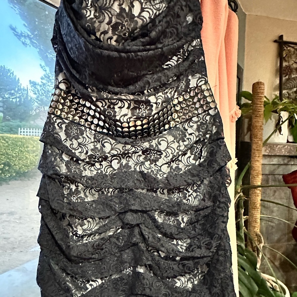 Jill Stuart black lace studded mini dress. Glam-goth, dark romance, club